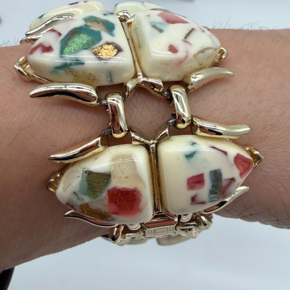 Vintage Bracelet Coro Confetti Terrazzo Lucite Panel Signed - Picture 3 of 7